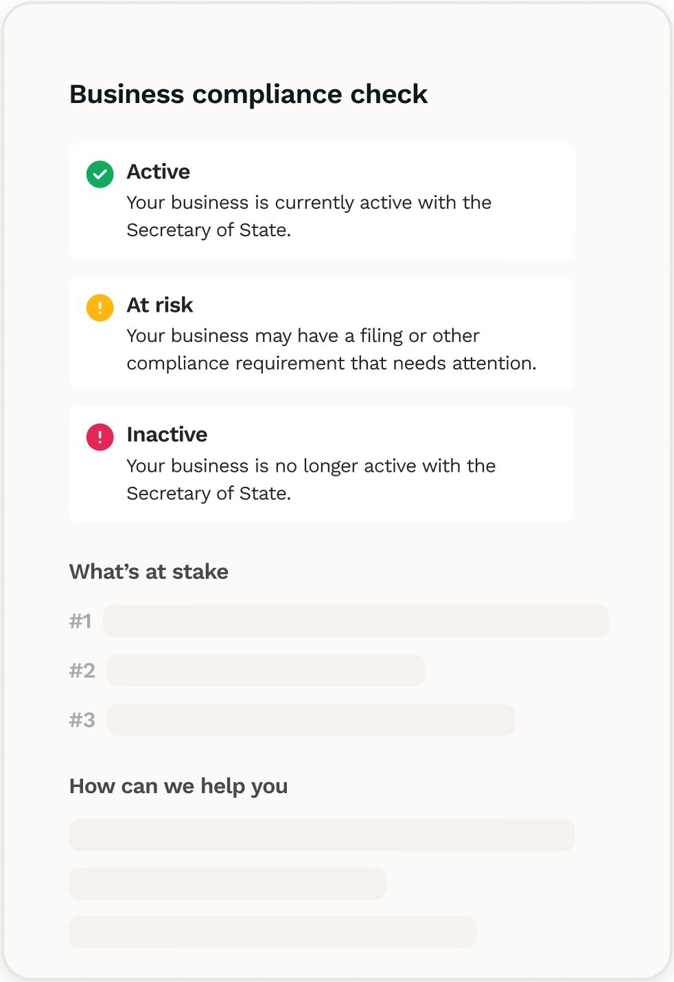 An image of 3 statuses used to report the compliance check of your business. 