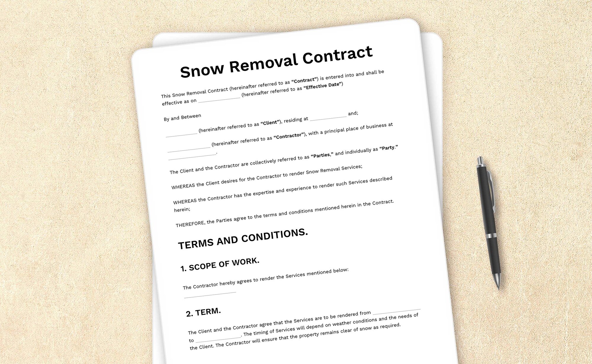 Sample snow removal contract template for providing snow removal services.