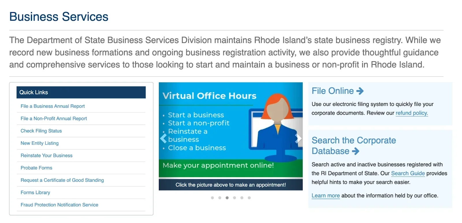 The Rhode Island State Business Services Division page has several "Quick Links" for business owners.
