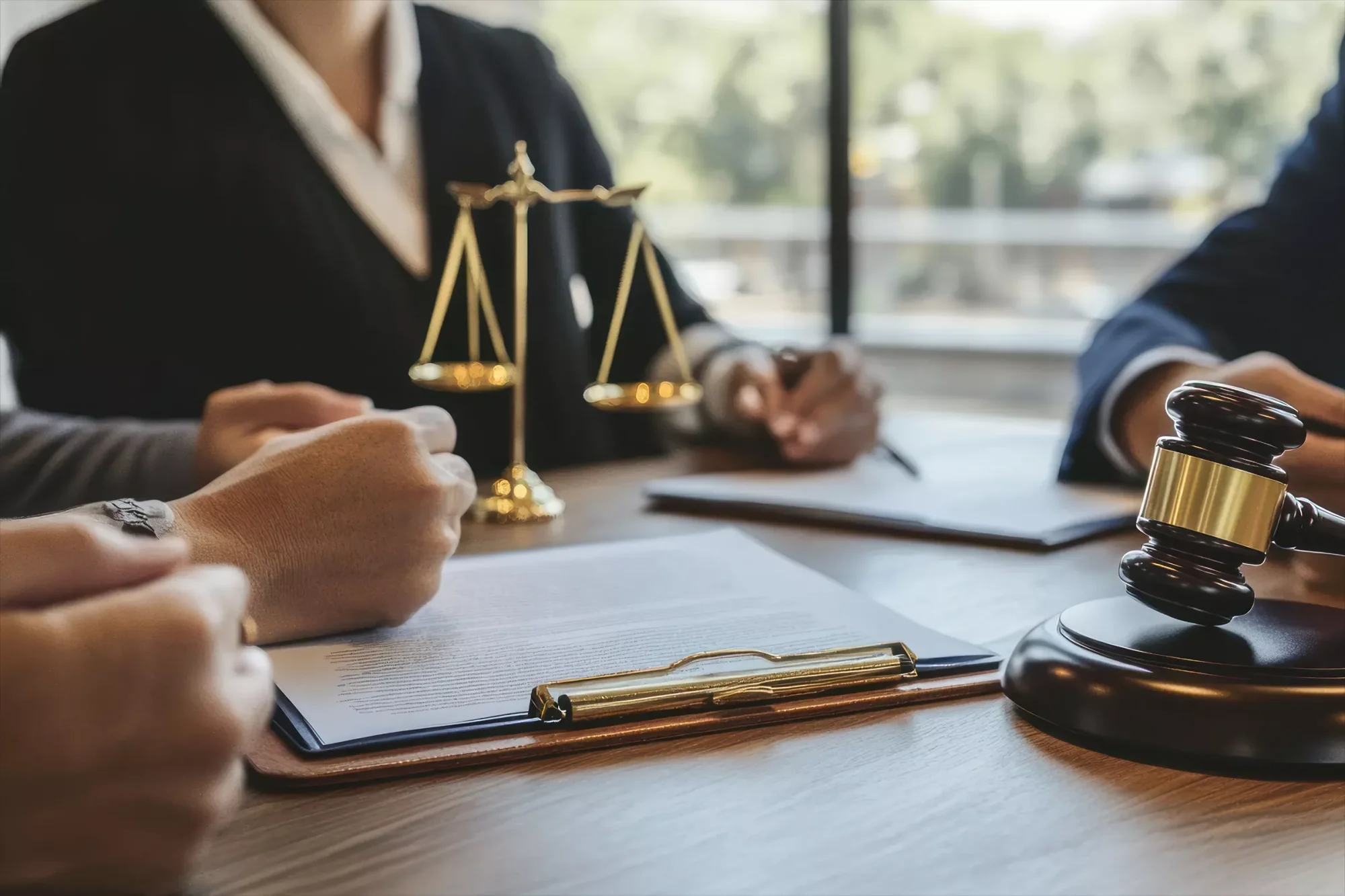 An image of three people in the lawyer's office discussing the legal and fiduciary duties of a trustee and an executor.
