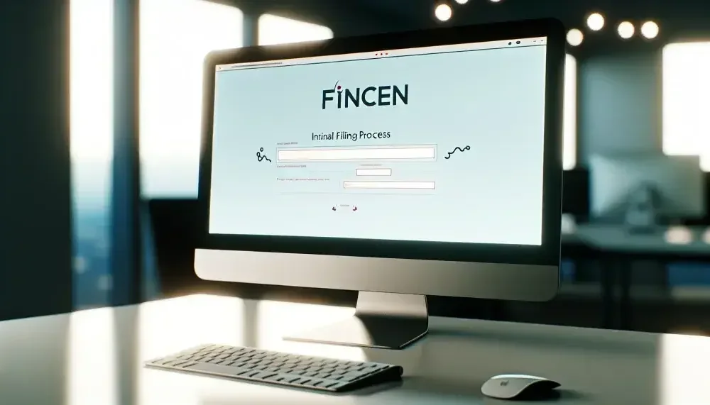 A desktop computer screen displays the word "FinCEN" and some fields to fill out. The computer sits on a desk in an office.