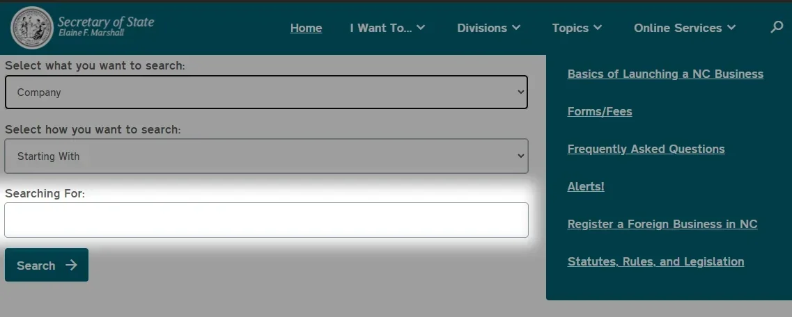 The N.C. Secretary of State website gives you different options for finding a business name.