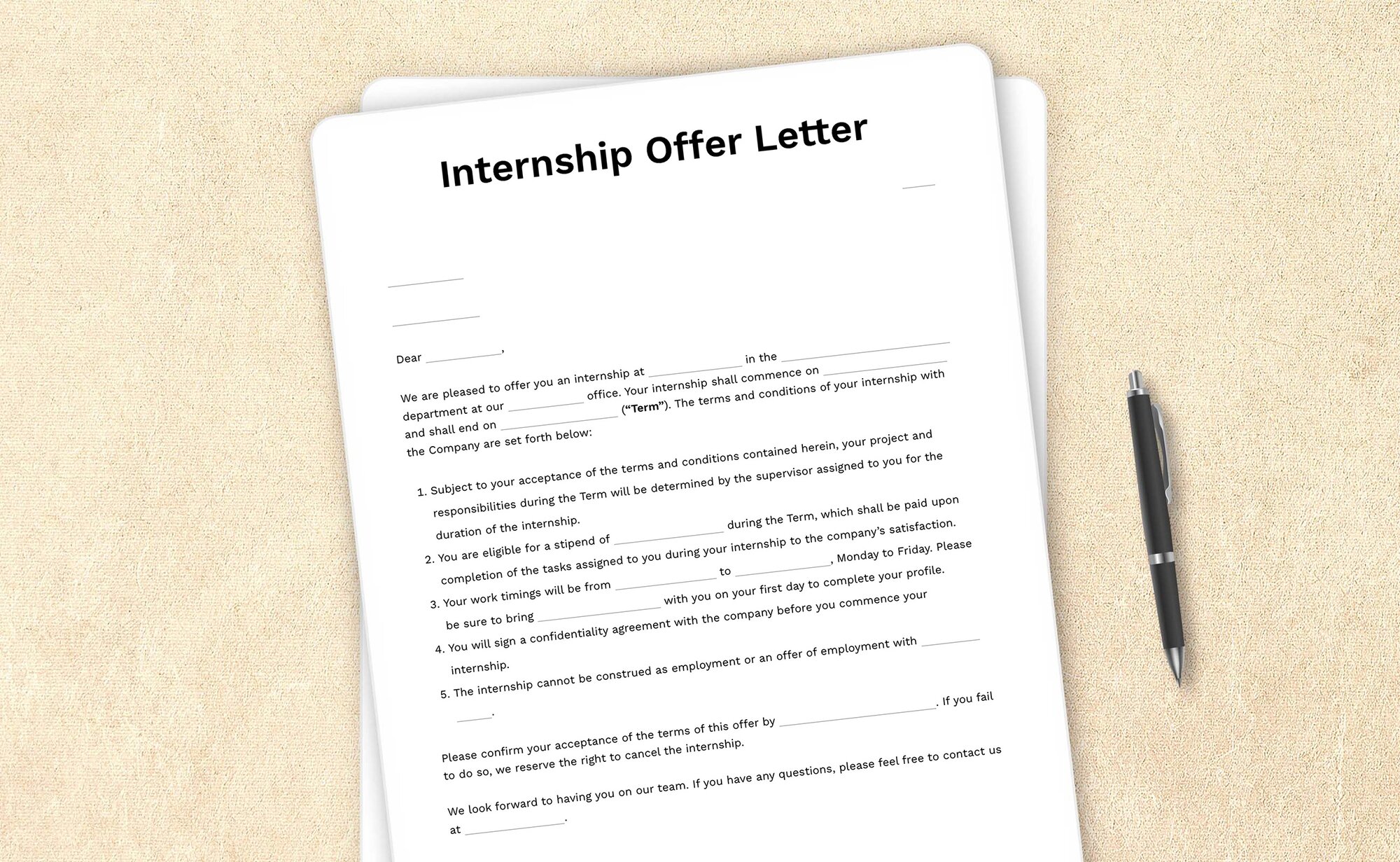 Template for an internship offer letter outlining the terms of the internship program.