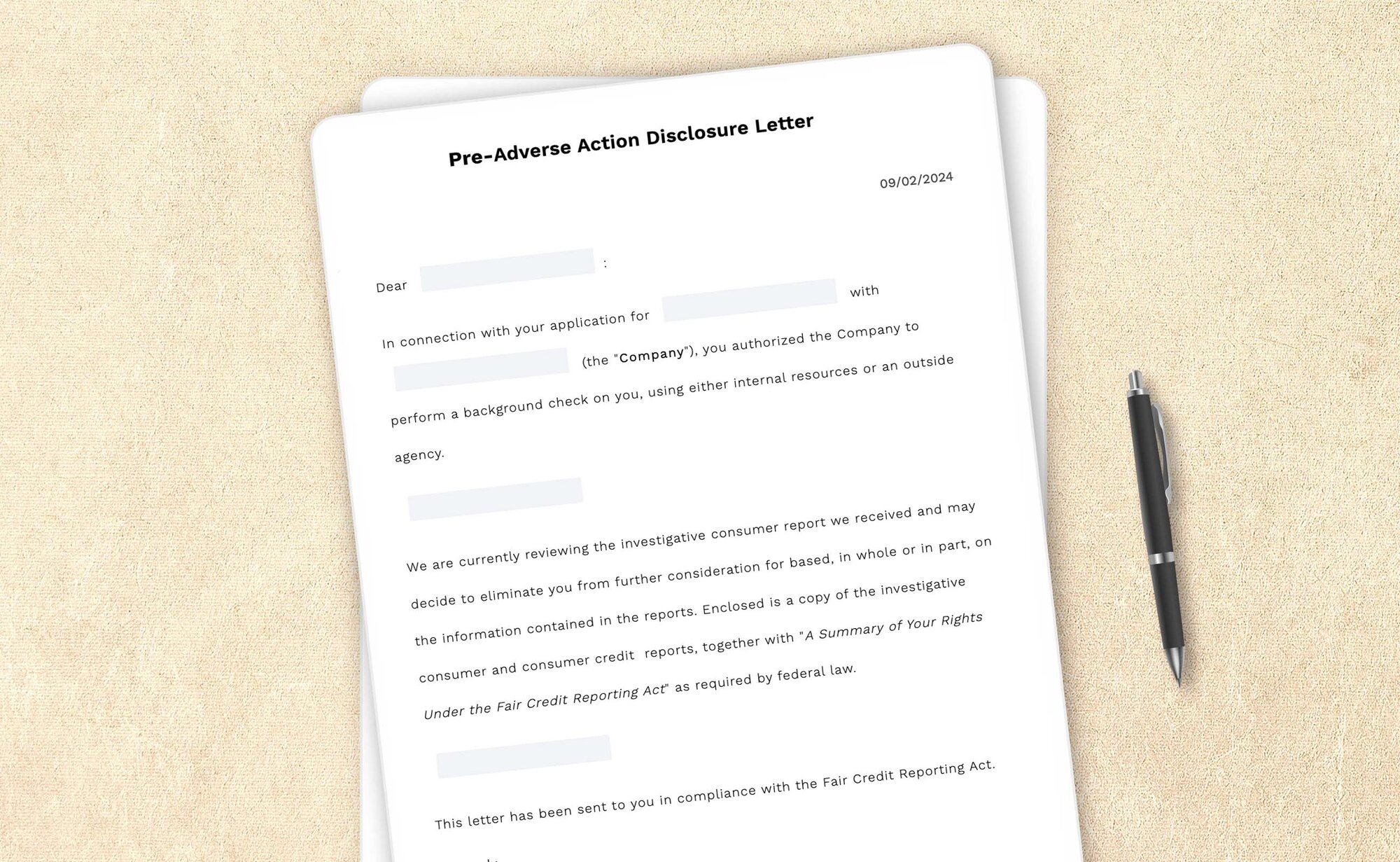 Free pre-adverse action disclosure letter template by LegalZoom. Create and download letters for free!