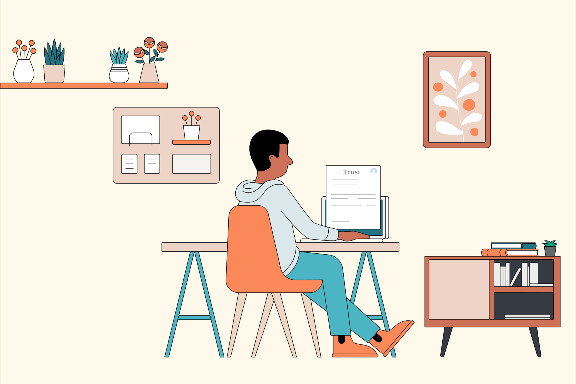 An illustration of a man creating a living trust online from his home.