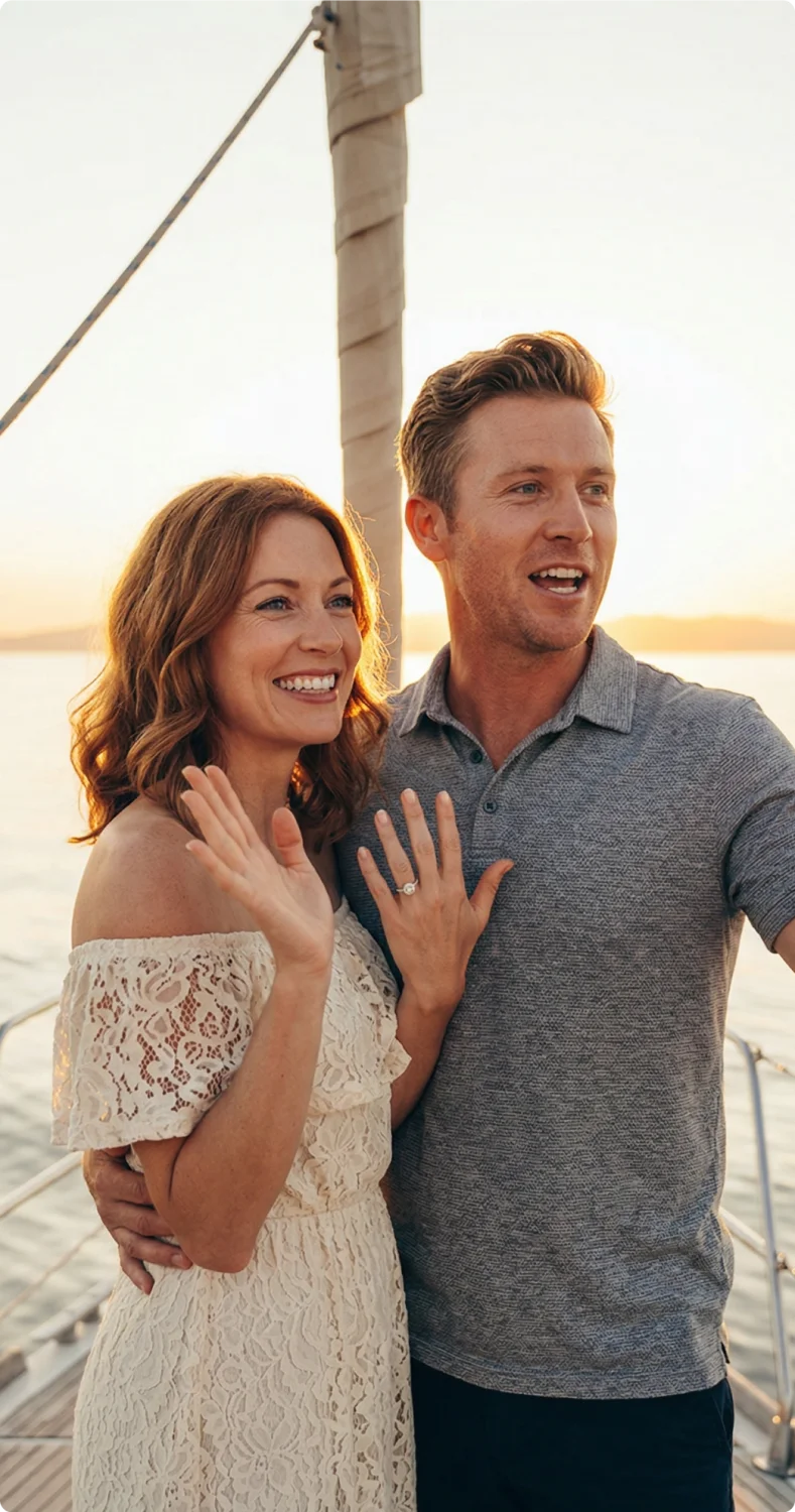 A happy couple waves to their quests at a casual sailboat celebration 