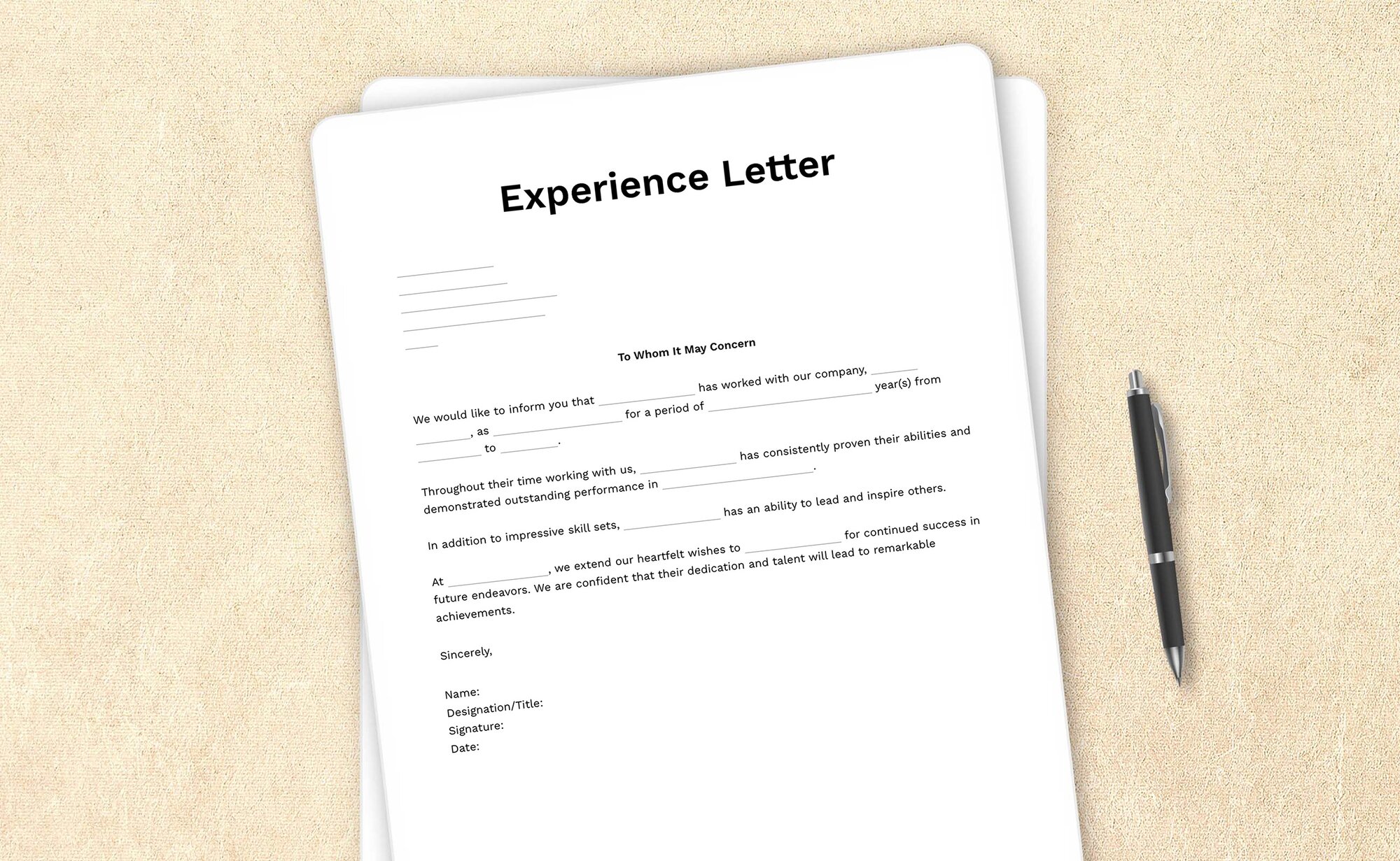 Sample experience letter template confirming the work experience of an employee at a company.