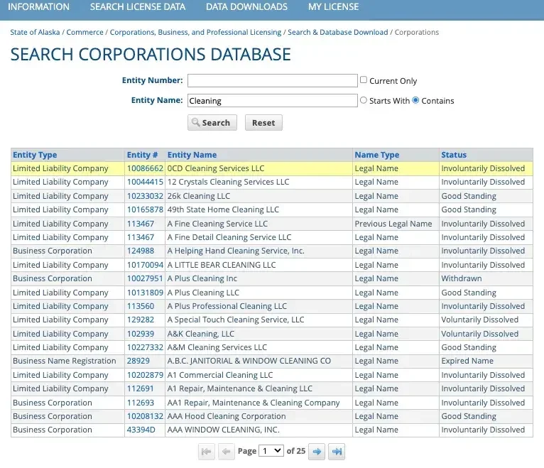 Search results for the word "Cleaning" on the Alaska corporations database page.