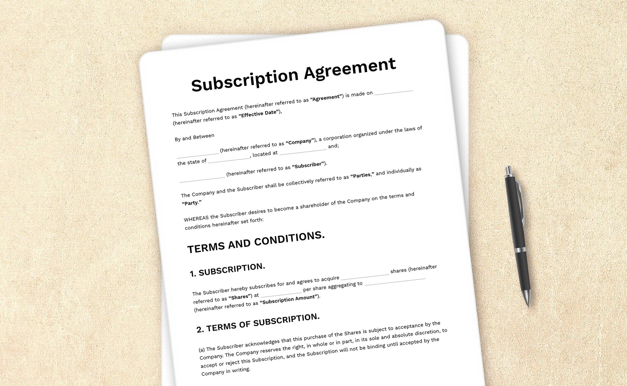 Template for a subscription agreement detailing terms for ongoing service or product subscriptions.