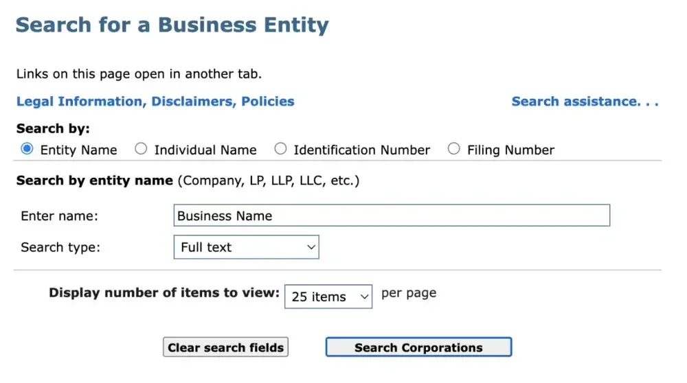 Massachusetts' business entity search page