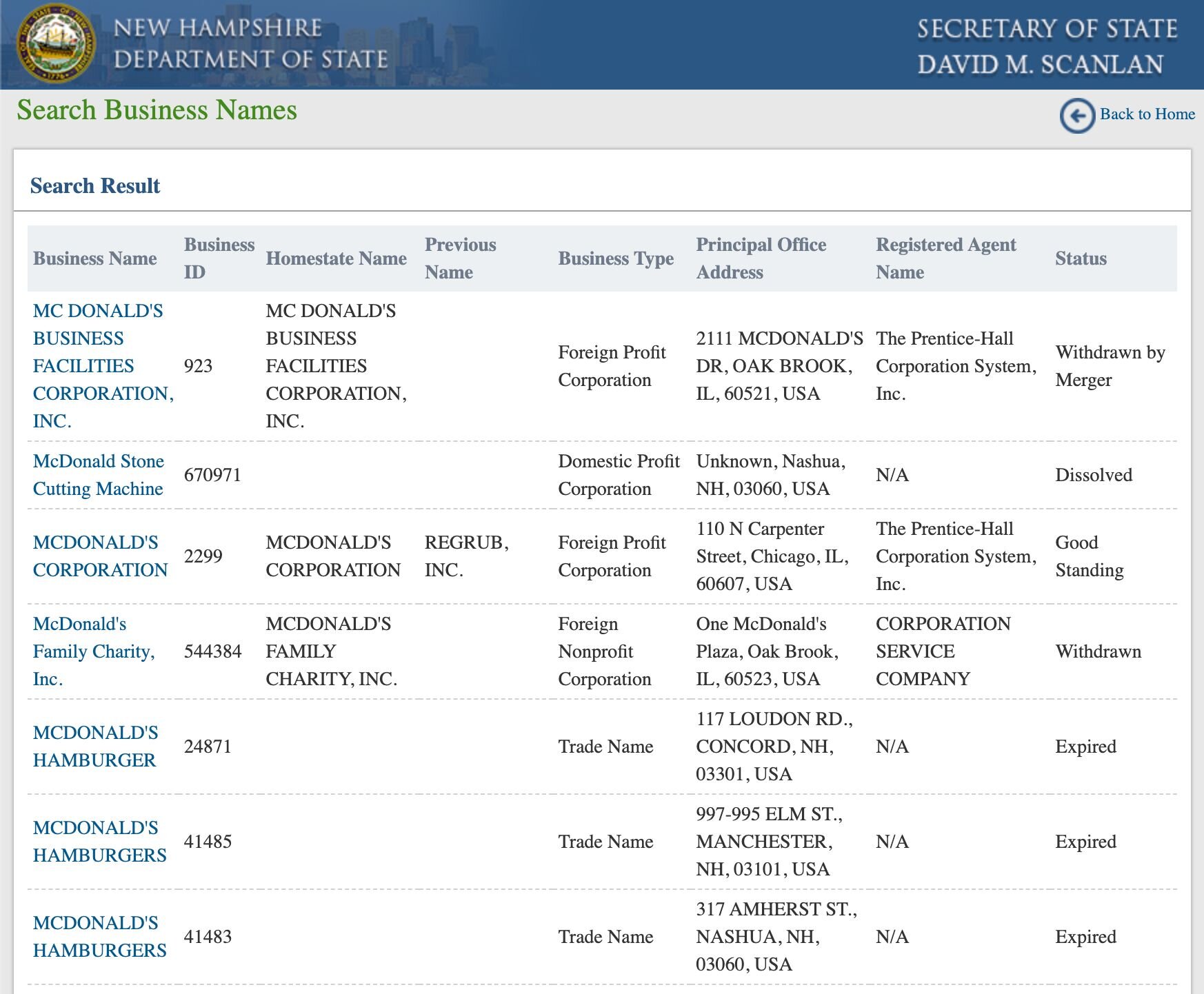 The results of a New Hampshire business name search for the phrase "McDonald's".