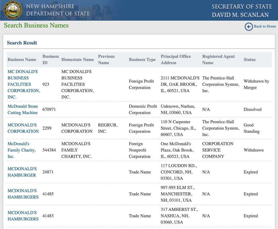 The results of a New Hampshire business name search for the phrase "McDonald's".