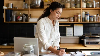 Woman writing notes in a cozy kitchen setting