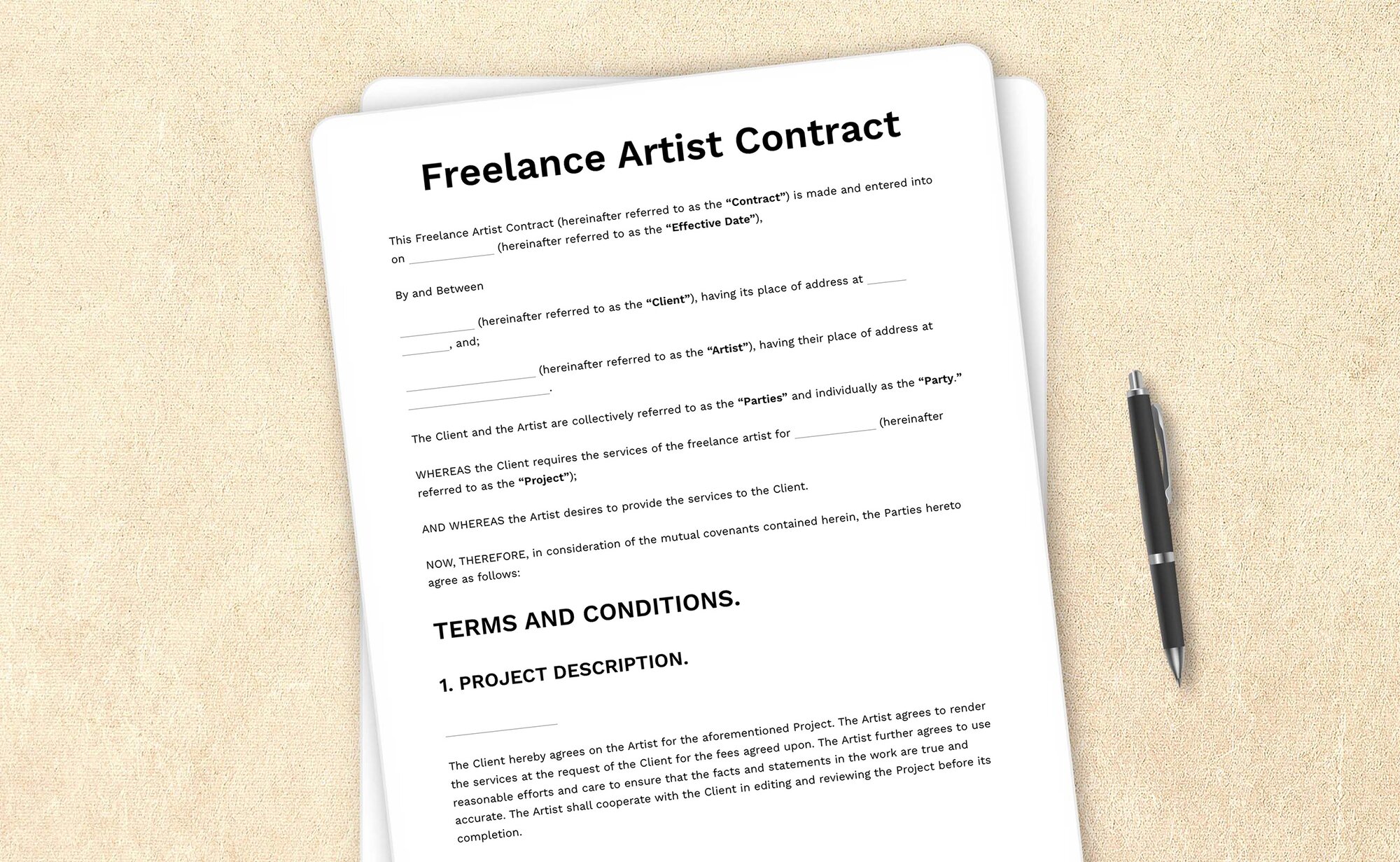 Template for a freelance artist contract outlining terms for commissioned work.