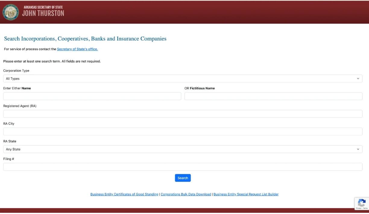 Screenshot of the Arkansas Secretary of State business search webpage.
