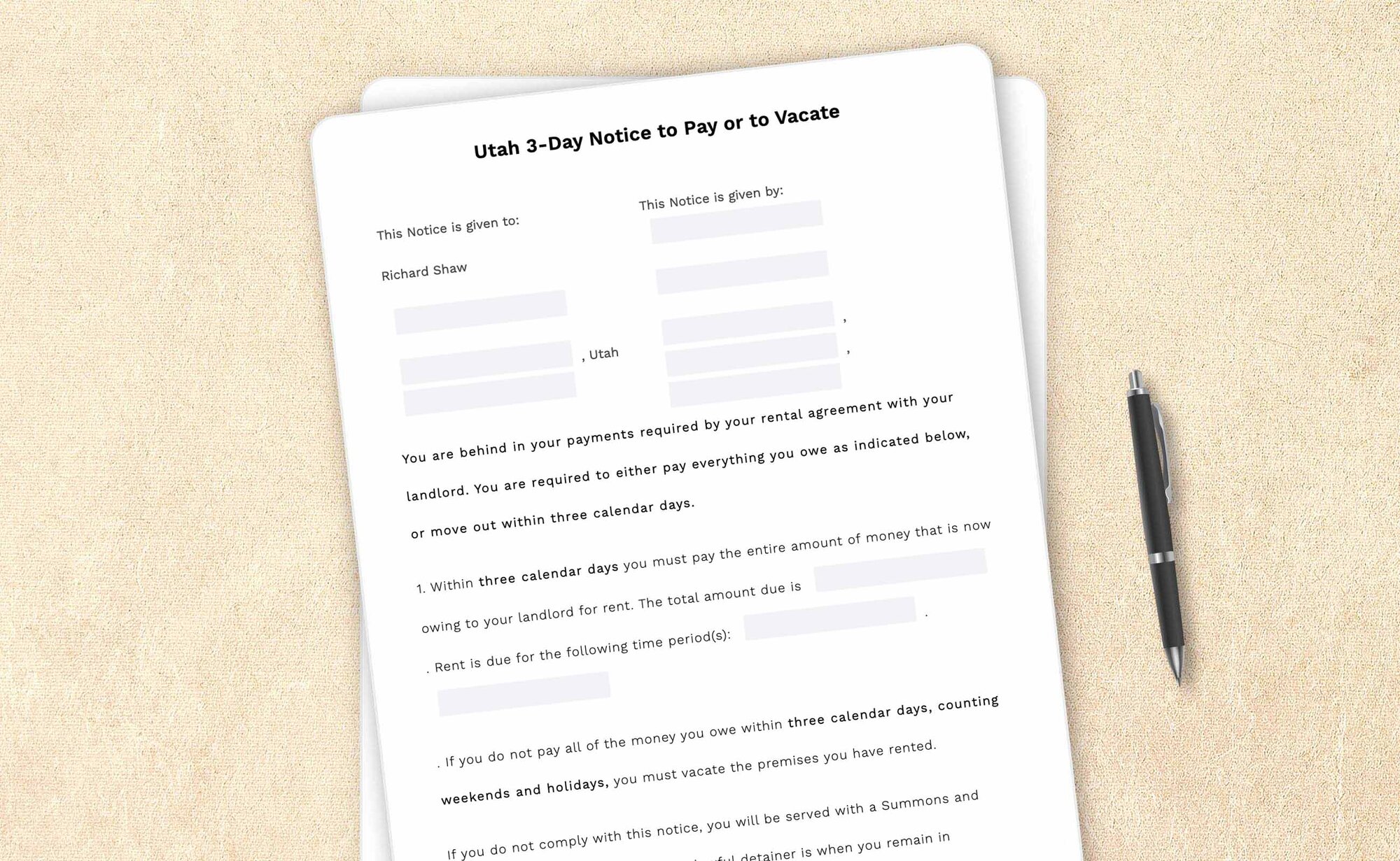 Utah three-day notice to pay or vacate template by LegalZoom. Create and download notices easily!