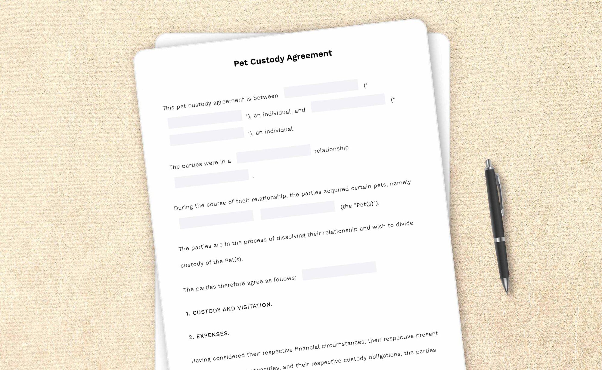 Professional pet custody agreement template by LegalZoom. Easily draft, edit, and download your agreements!