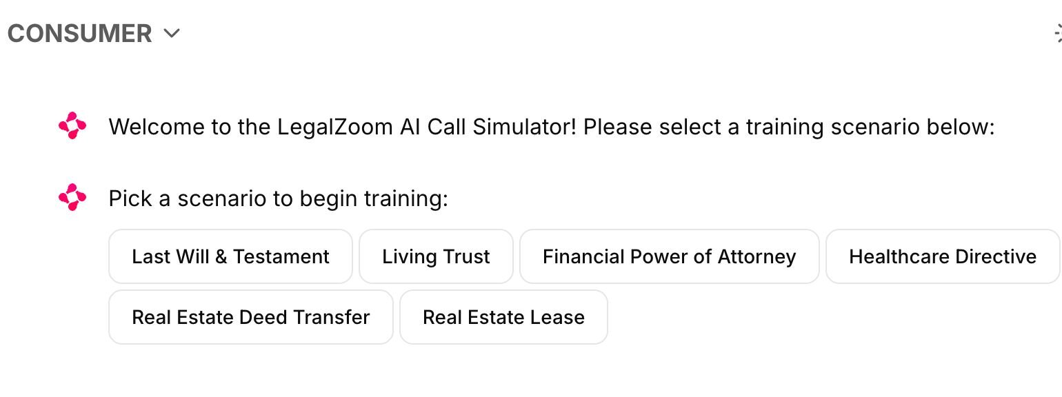A screenshot of a chat within LegalZoom's AI customer call simulator app.