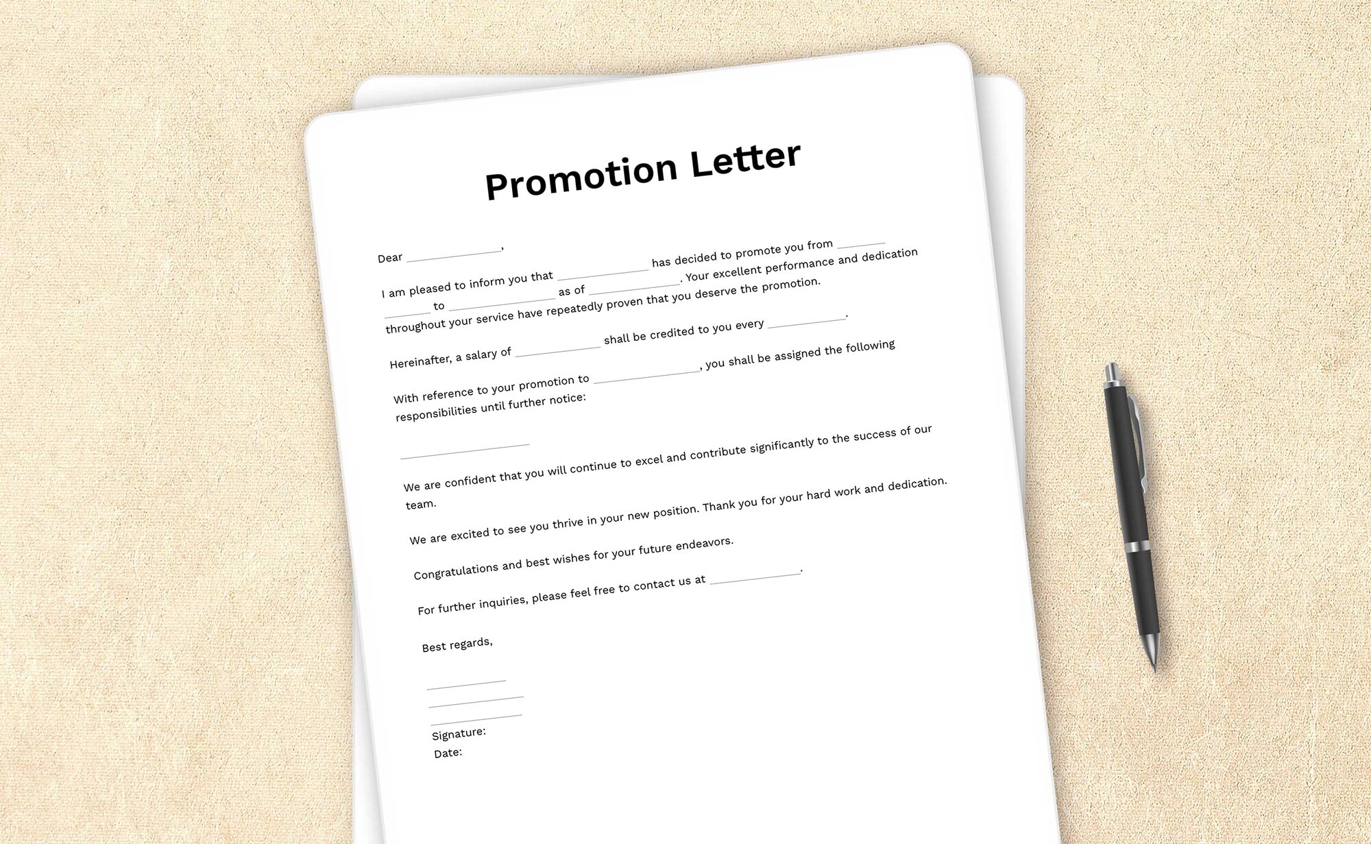 Sample promotion letter template notifying an employee of their promotion to a higher position.