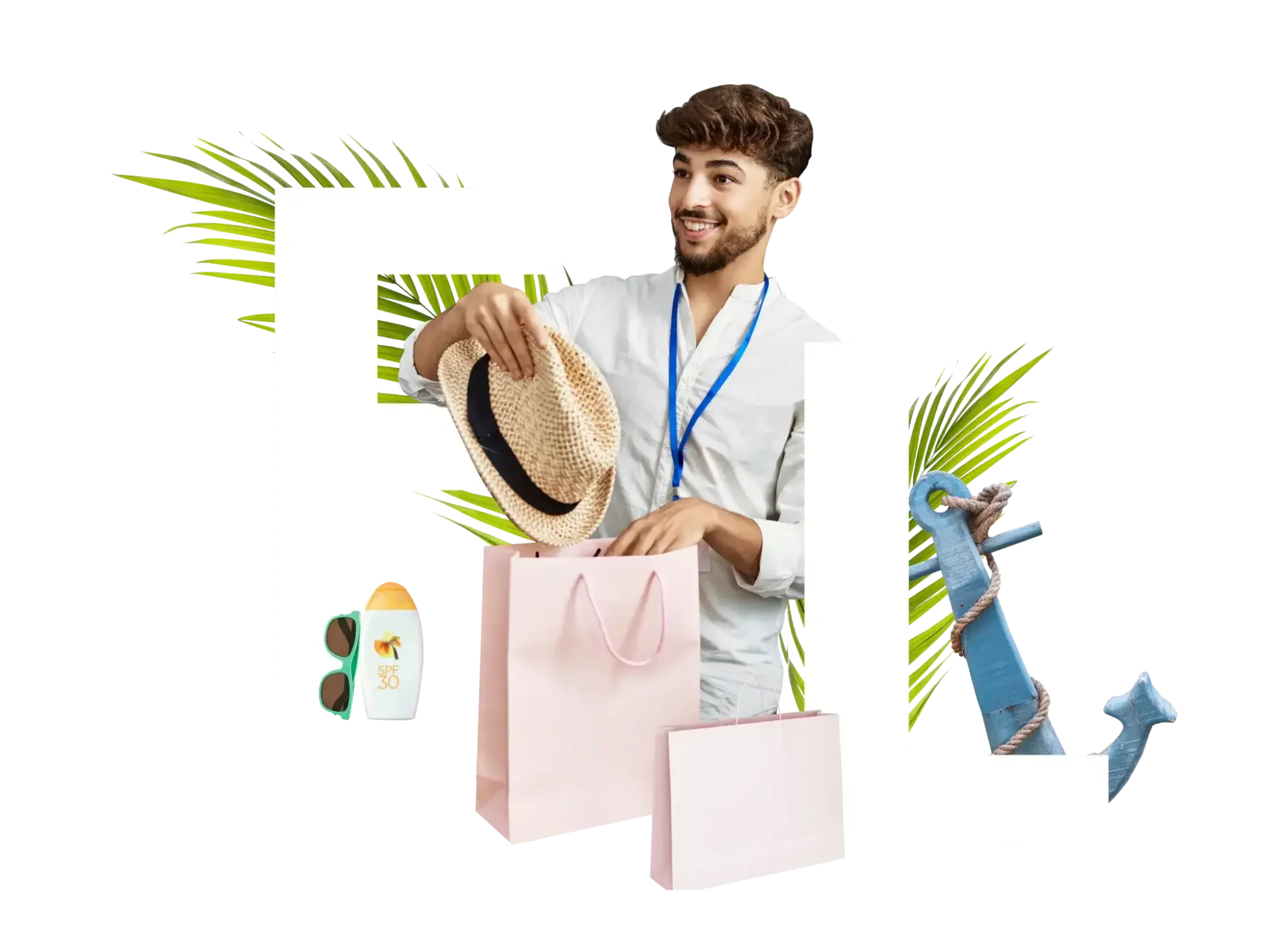 A cheerful young man wearing a lanyard is holding a straw hat and standing next to pink shopping bags. The background includes palm leaves, a sunscreen bottle, sunglasses, and an anchor, with large white letters "FL" for Florida in the background