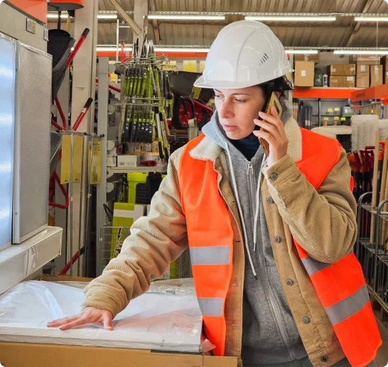 A woman in a hard hat reviews rendering on a construction site. 