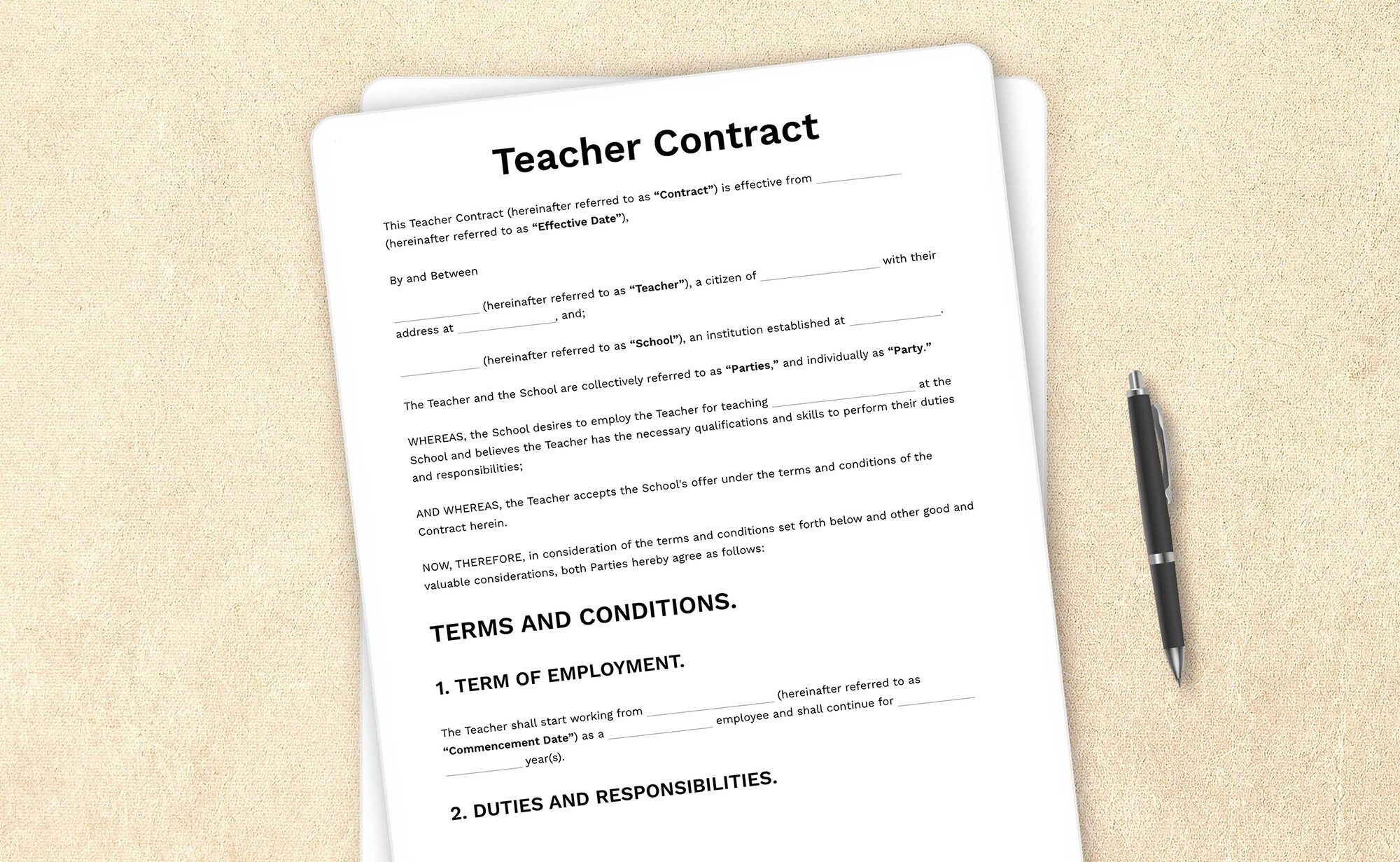 Sample teacher contract template outlining employment terms for a teaching position.