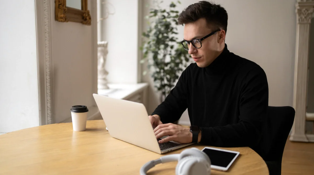 Man in black sweater typing on laptop at table