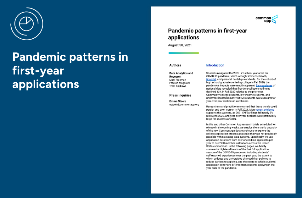Cover page, pandemic patterns in first-year applications.