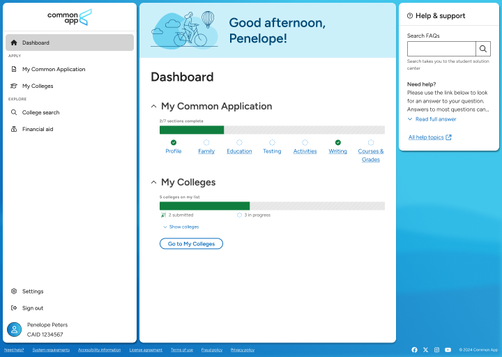 This is a screenshot of the Common App dashboard.  This is the landing page for the app. 