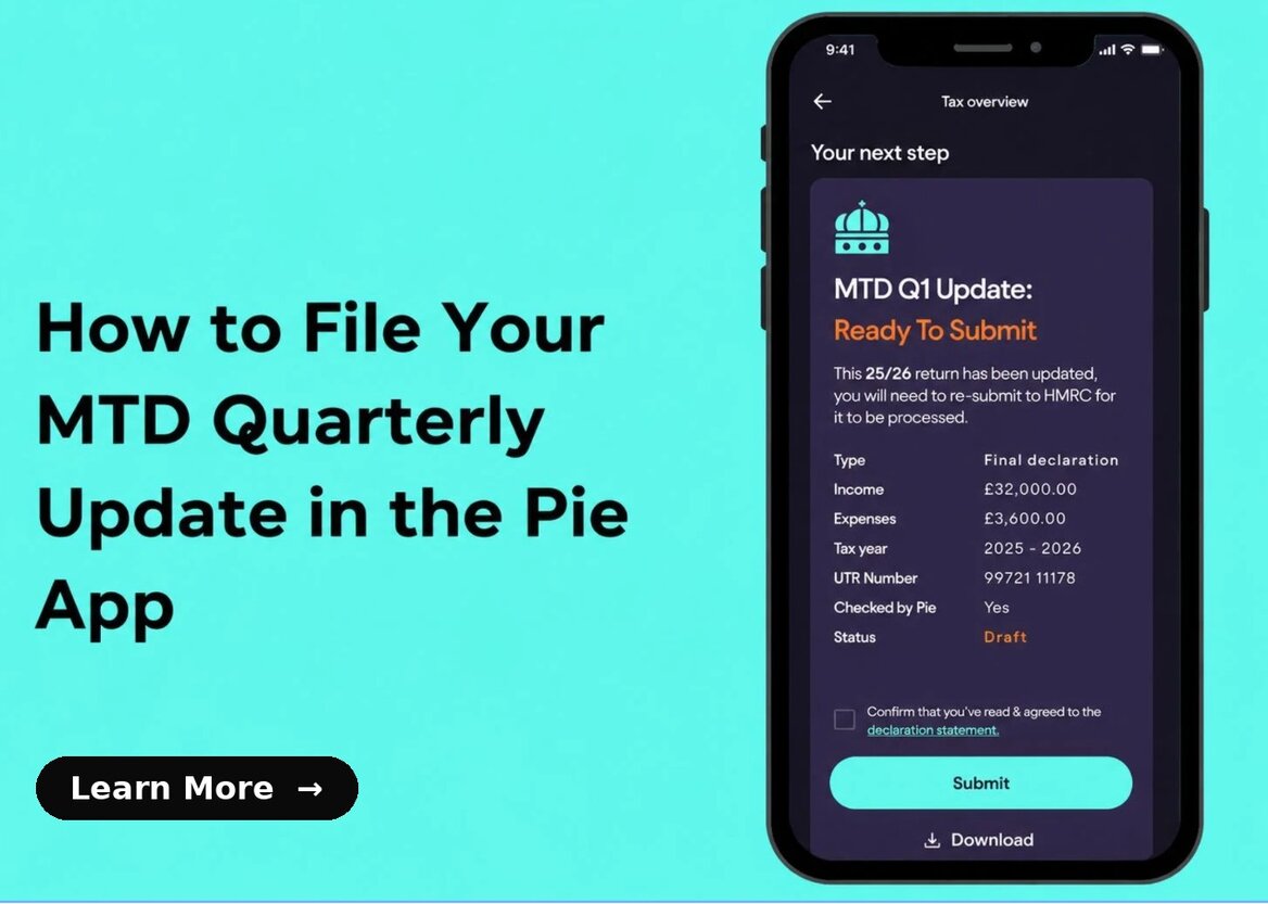 Pie Tax app screen showing an MTD Q1 update ready to submit to HMRC