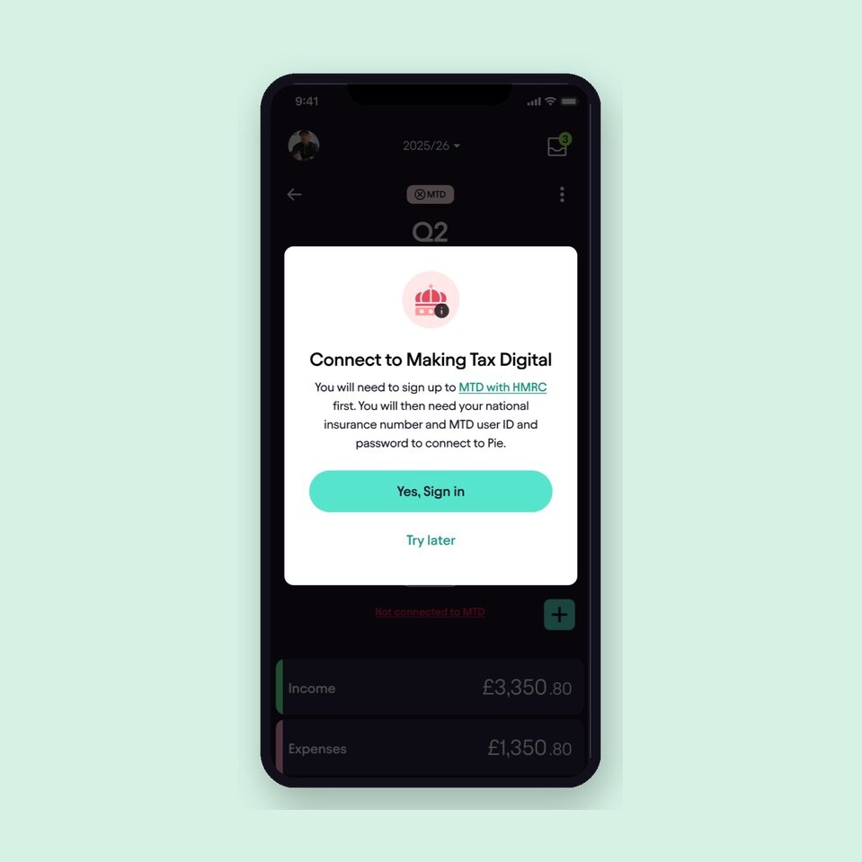 "Connect to Making Tax Digital" screen in the Pie app with the "Yes, Sign in" button