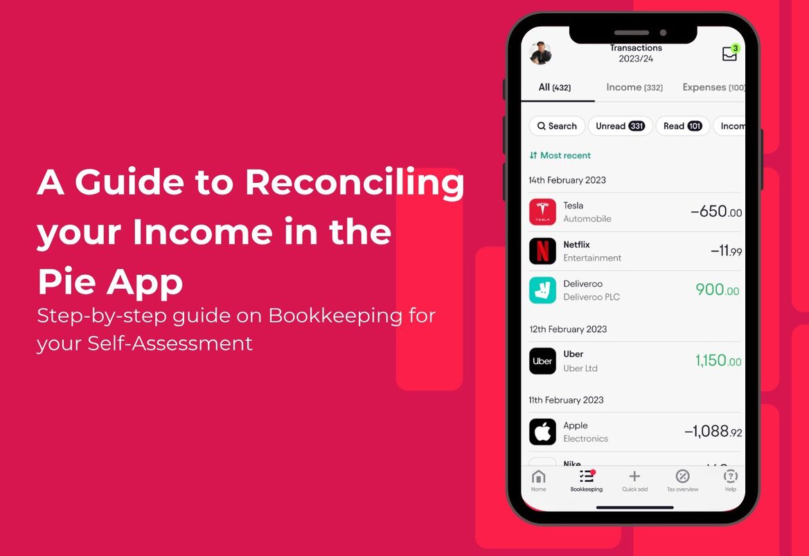 Pie self-assessment software showing bookkeeping and transaction history on the app dashboard