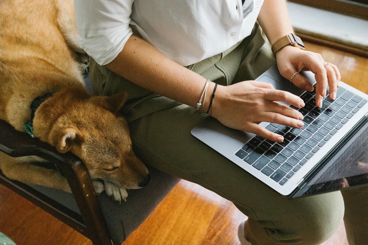 woman on laptop with dog beside 
