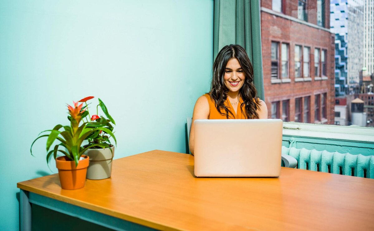 lady on laptop Infront of window