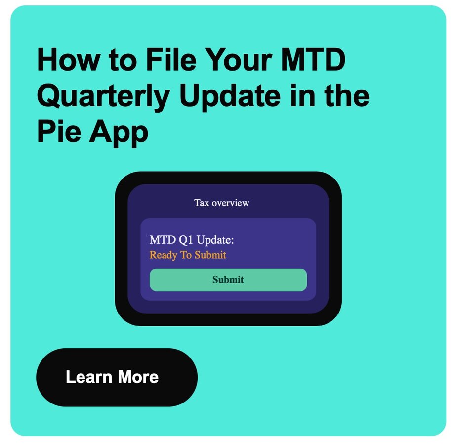 Pie Tax app screen showing an MTD Q1 update ready to submit to HMRC