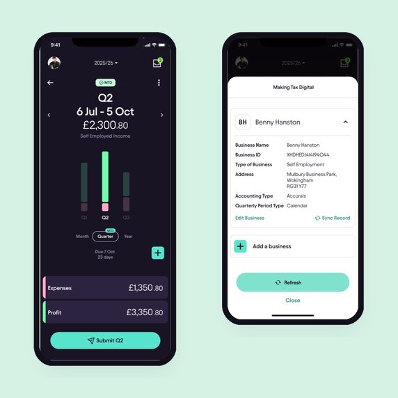 Pie app Quarterly tab showing the green "MTD" connected badge after linking a business