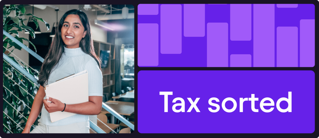 "Tax Sorted" smiling woman holding a folder of documents  used in open banking checks