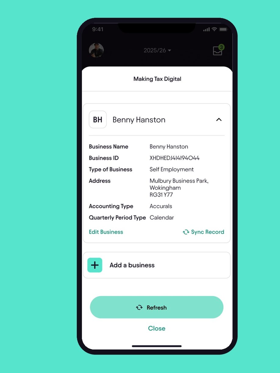 Screenshot of the Pie tax app's Making Tax Digital screen showing a connected business with business details, displayed in an iPhone mockup on a teal background.