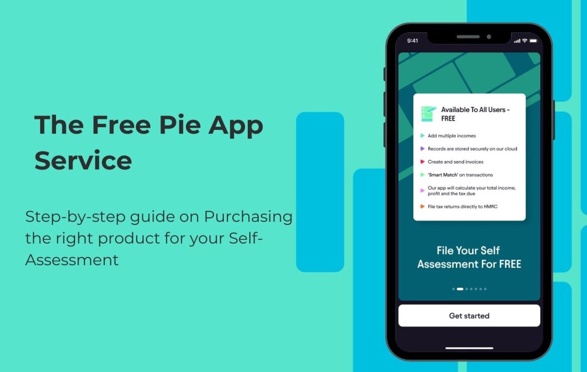 Pie tax app screen showing the free self assessment service, including income tracking, smart match and direct HMRC filing