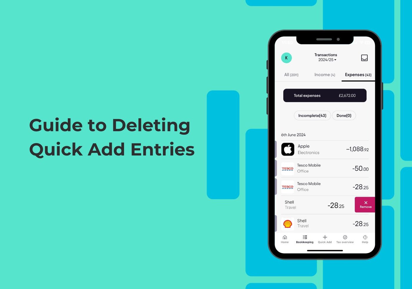 How to Delete a Quick Add Entry in the Pie Tax App