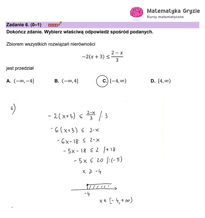 Fragment arkusza maturalnego z matematyki – zadania zamknięte z nierówności 