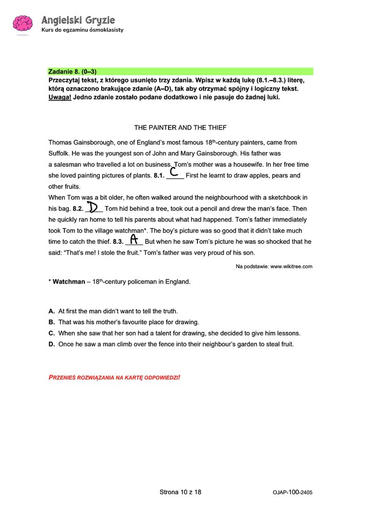 zadanie 8 egzamin ósmoklasisty CKE język angielski