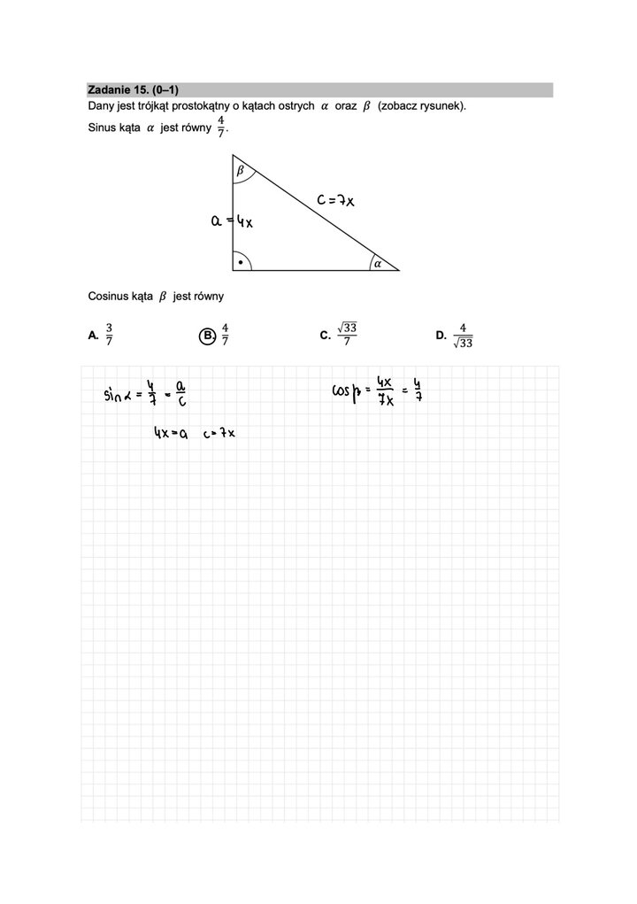 Fragment arkusza maturalnego  z matematyki podstawowej - zadanie z trygonometrii, własności kątów trygonometrycznych.