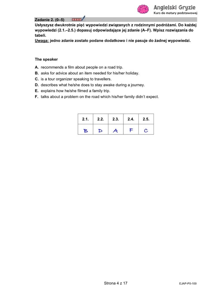 Fragment arkusza maturalnego z języka angielskiego – zadanie na rozumienie ze słuchu z 
pięcioma pytaniami wielokrotnego wyboru.
