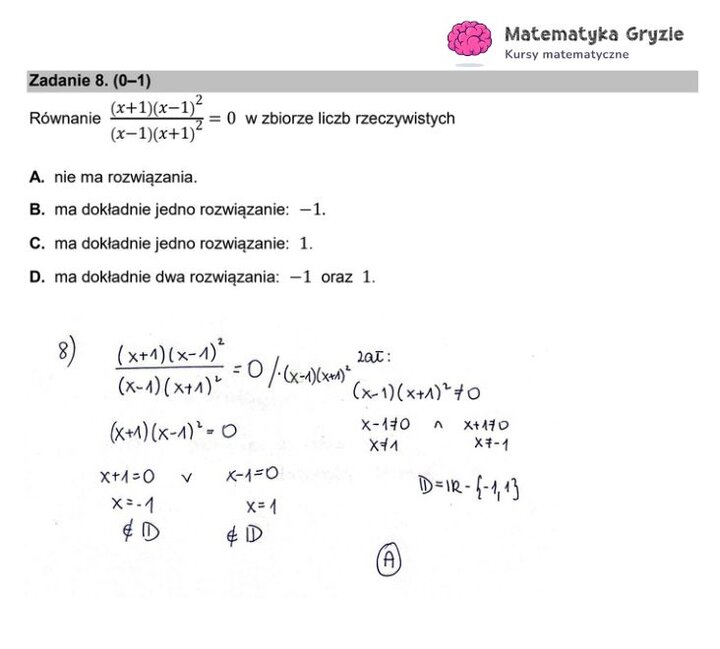 Fragment arkusza maturalnego z matematyki podstawowej - zadanie z wyznaczaniem rozwiązań równania w danym zbiorze.