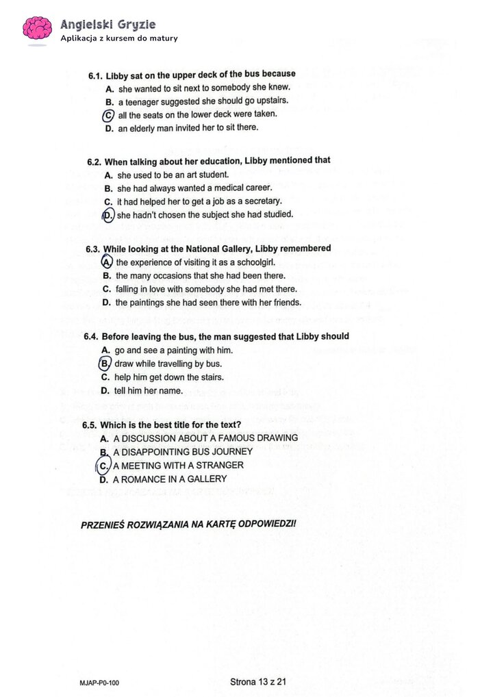 Fragment arkusza maturalnego z języka angielskiego – zadanie na rozumienie tekstu czytanego z pytaniami wielokrotnego wyboru.