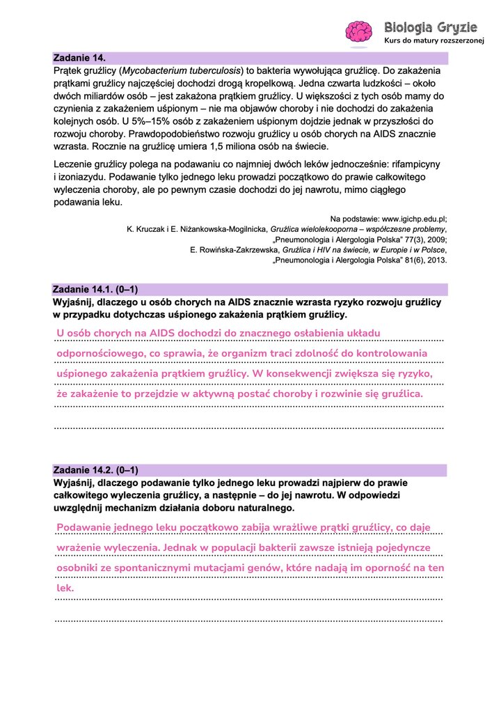 Fragment arkusza maturalnego z biologii - zdanie z tekstem dotyczącym bakterii gruźlicy.