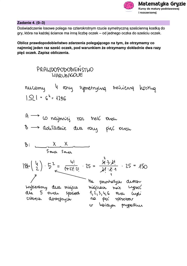Fragment arkusza maturalnego z matematyki rozszerzonej - zadanie z własności prawdopodobieństwa warunkowego.