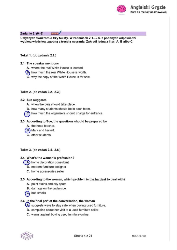 Fragment arkusza maturalnego z języka angielskiego – zadanie na rozumienie ze słuchu z 
sześcioma pytaniami wielokrotnego wyboru.