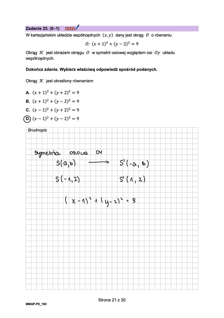 Fragment arkusza maturalnego z matematyki podstawowej - zadanie z wyznaczania wzoru okręgu.